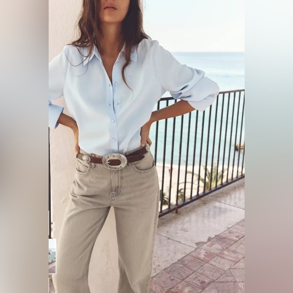 Zara Blouse with Lined Buttons Sky Blue Size Small - Picture 3 of 9